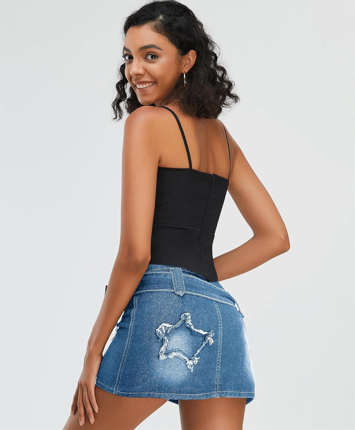 imageWomens Denim Skirt Vintage Star Patchwork Party Club Jean Skirt Casual Y2k Mini Skirt Skorts Skirts for WomenBlue