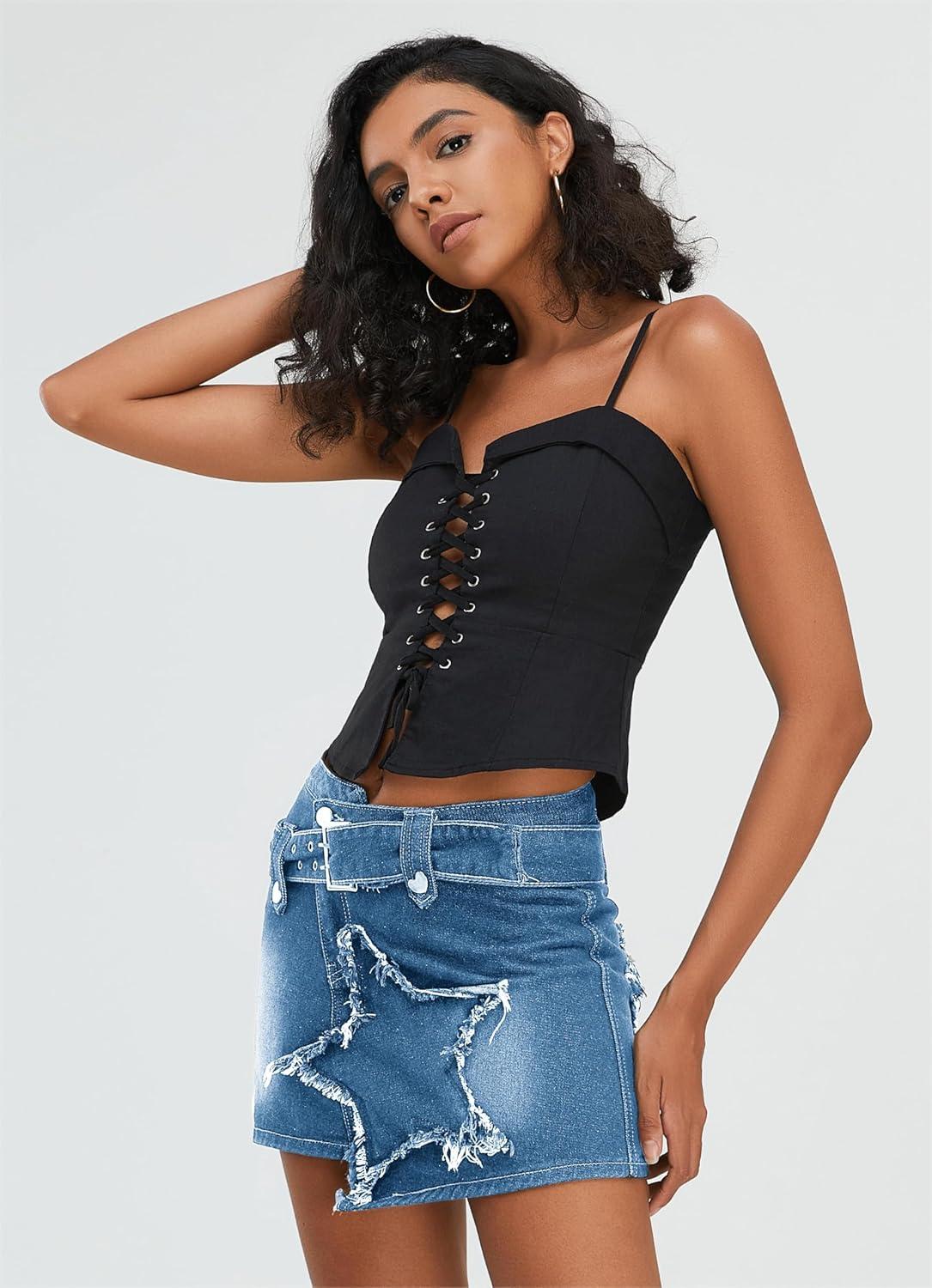 imageWomens Denim Skirt Vintage Star Patchwork Party Club Jean Skirt Casual Y2k Mini Skirt Skorts Skirts for WomenBlue