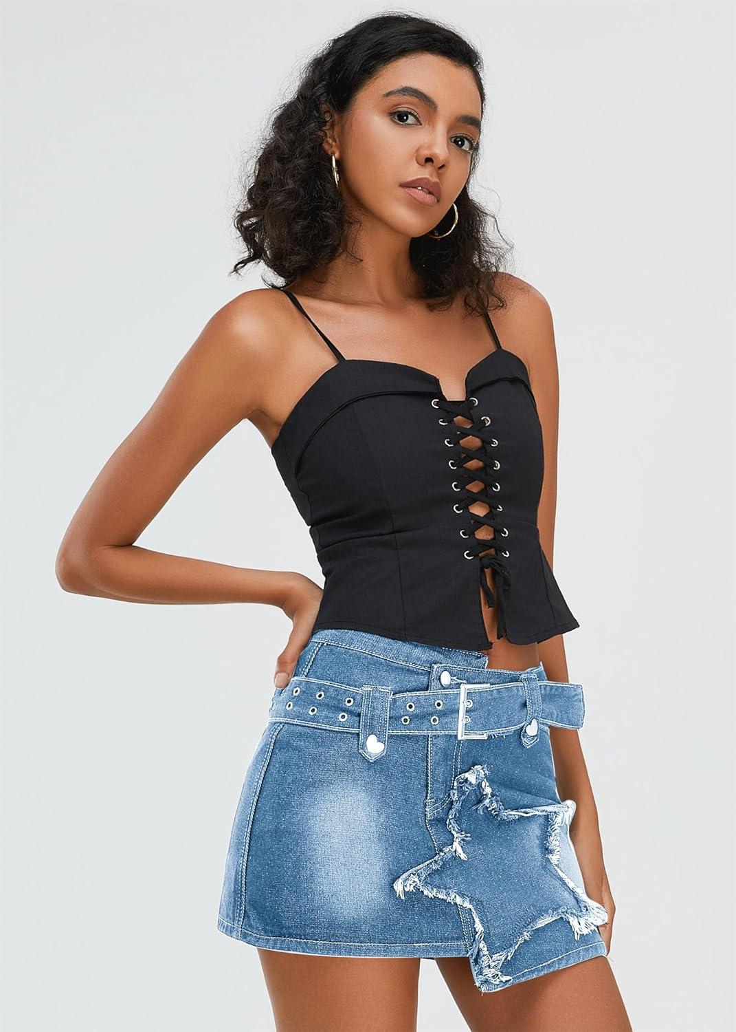imageWomens Denim Skirt Vintage Star Patchwork Party Club Jean Skirt Casual Y2k Mini Skirt Skorts Skirts for WomenBlue