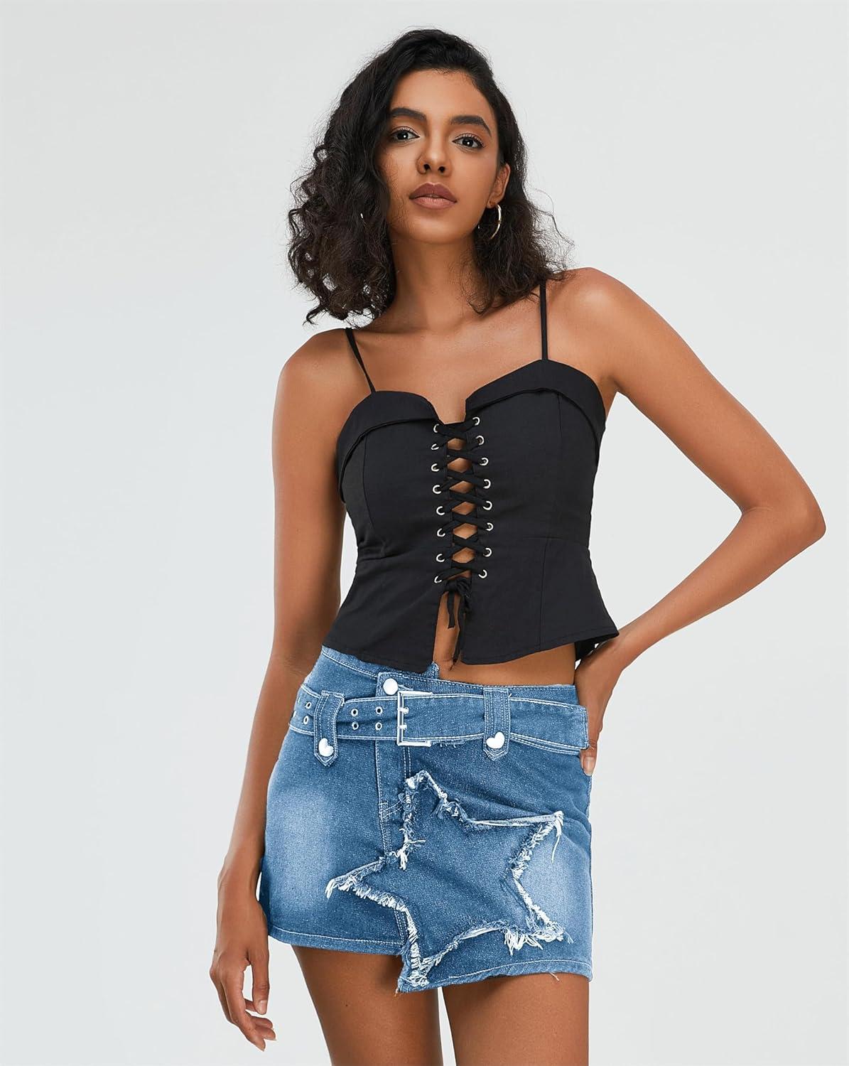 imageWomens Denim Skirt Vintage Star Patchwork Party Club Jean Skirt Casual Y2k Mini Skirt Skorts Skirts for WomenBlue