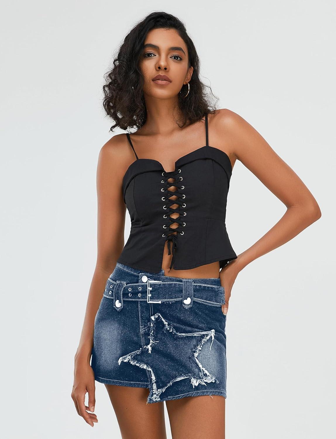 imageWomens Denim Skirt Vintage Star Patchwork Party Club Jean Skirt Casual Y2k Mini Skirt Skorts Skirts for WomenDark Blue