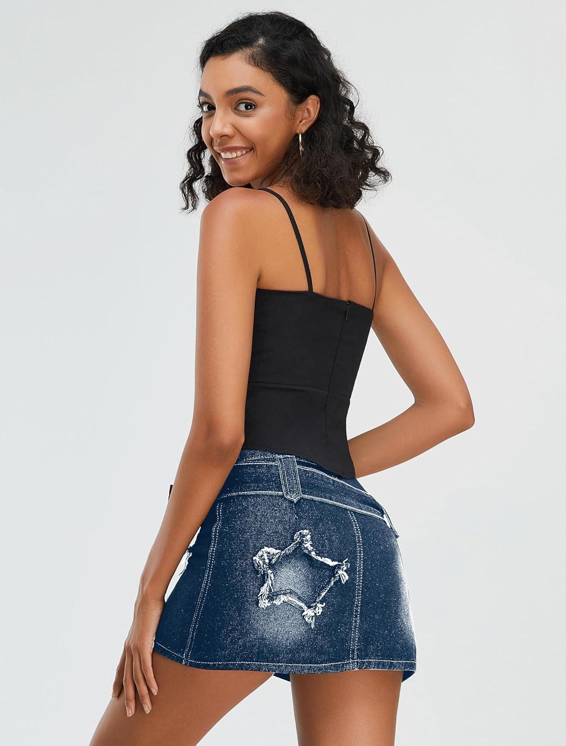 imageWomens Denim Skirt Vintage Star Patchwork Party Club Jean Skirt Casual Y2k Mini Skirt Skorts Skirts for WomenDark Blue