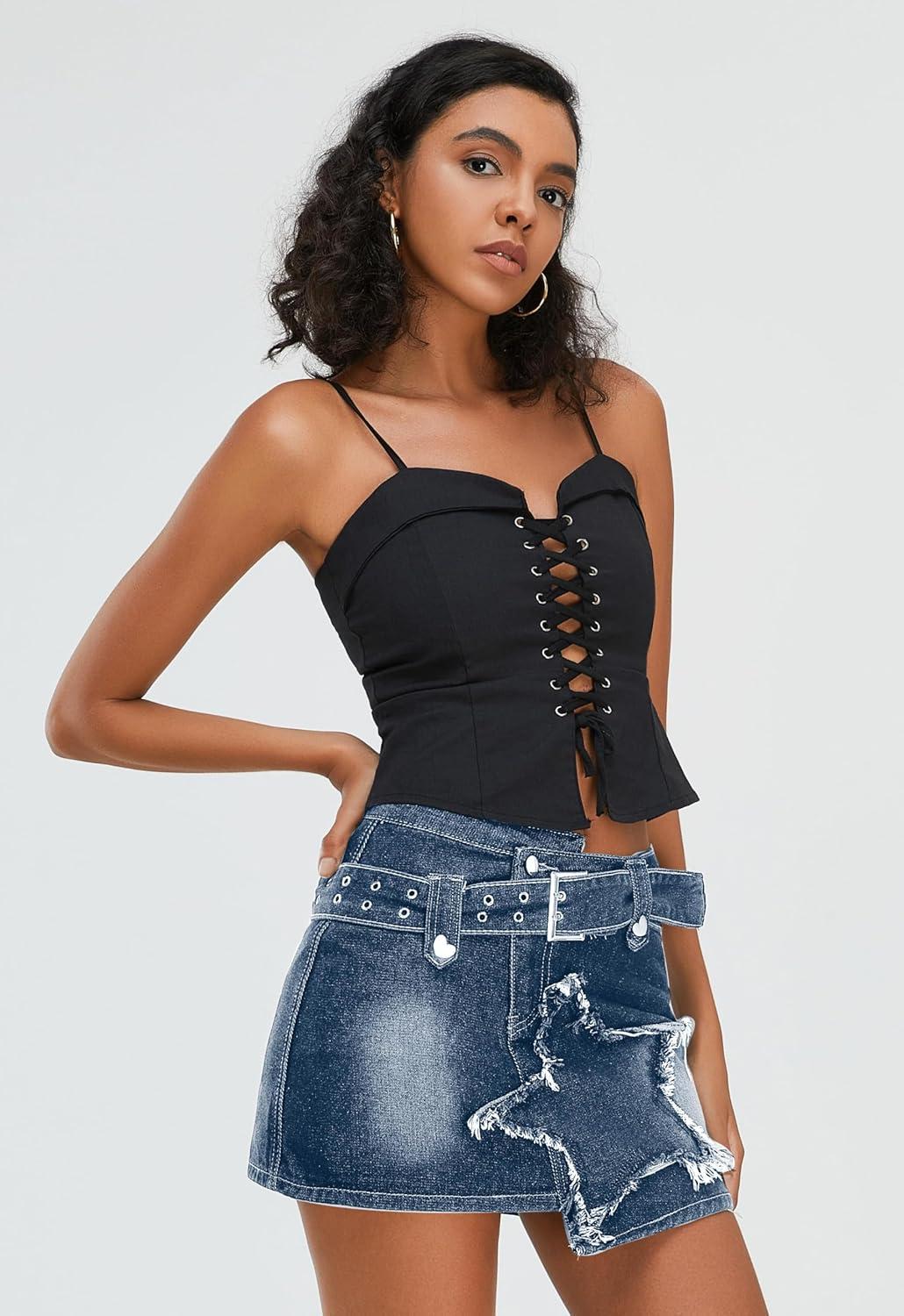 imageWomens Denim Skirt Vintage Star Patchwork Party Club Jean Skirt Casual Y2k Mini Skirt Skorts Skirts for WomenDark Blue