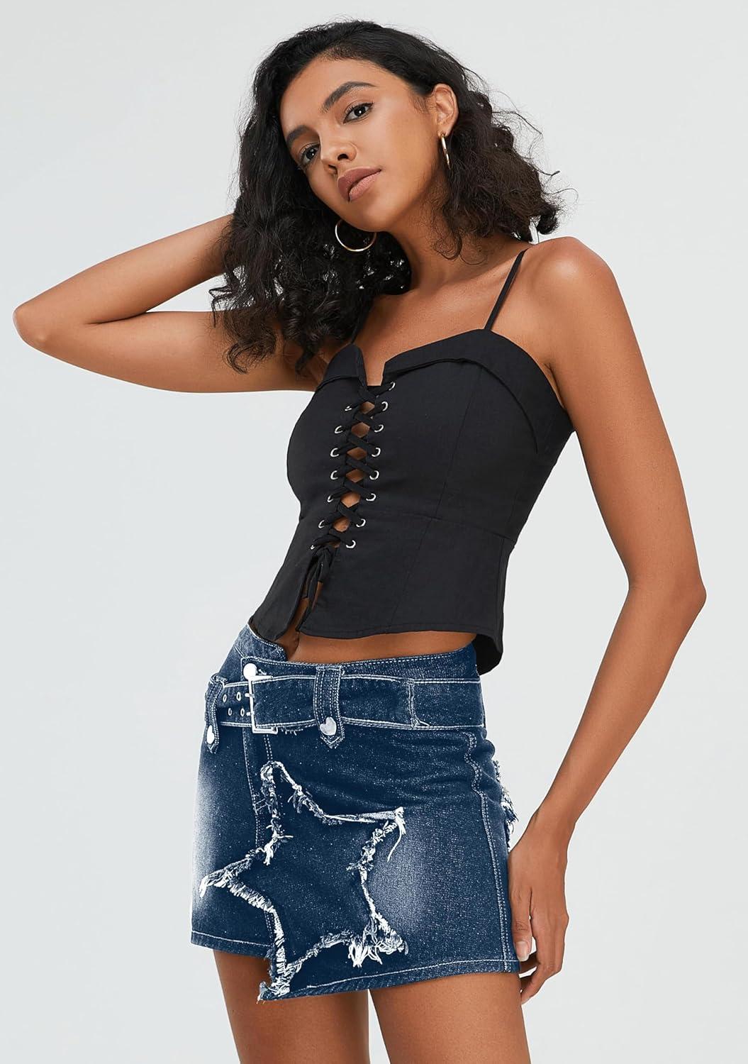imageWomens Denim Skirt Vintage Star Patchwork Party Club Jean Skirt Casual Y2k Mini Skirt Skorts Skirts for WomenDark Blue