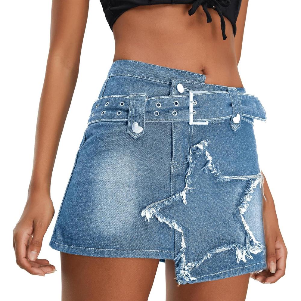 imageWomens Denim Skirt Vintage Star Patchwork Party Club Jean Skirt Casual Y2k Mini Skirt Skorts Skirts for WomenBlue