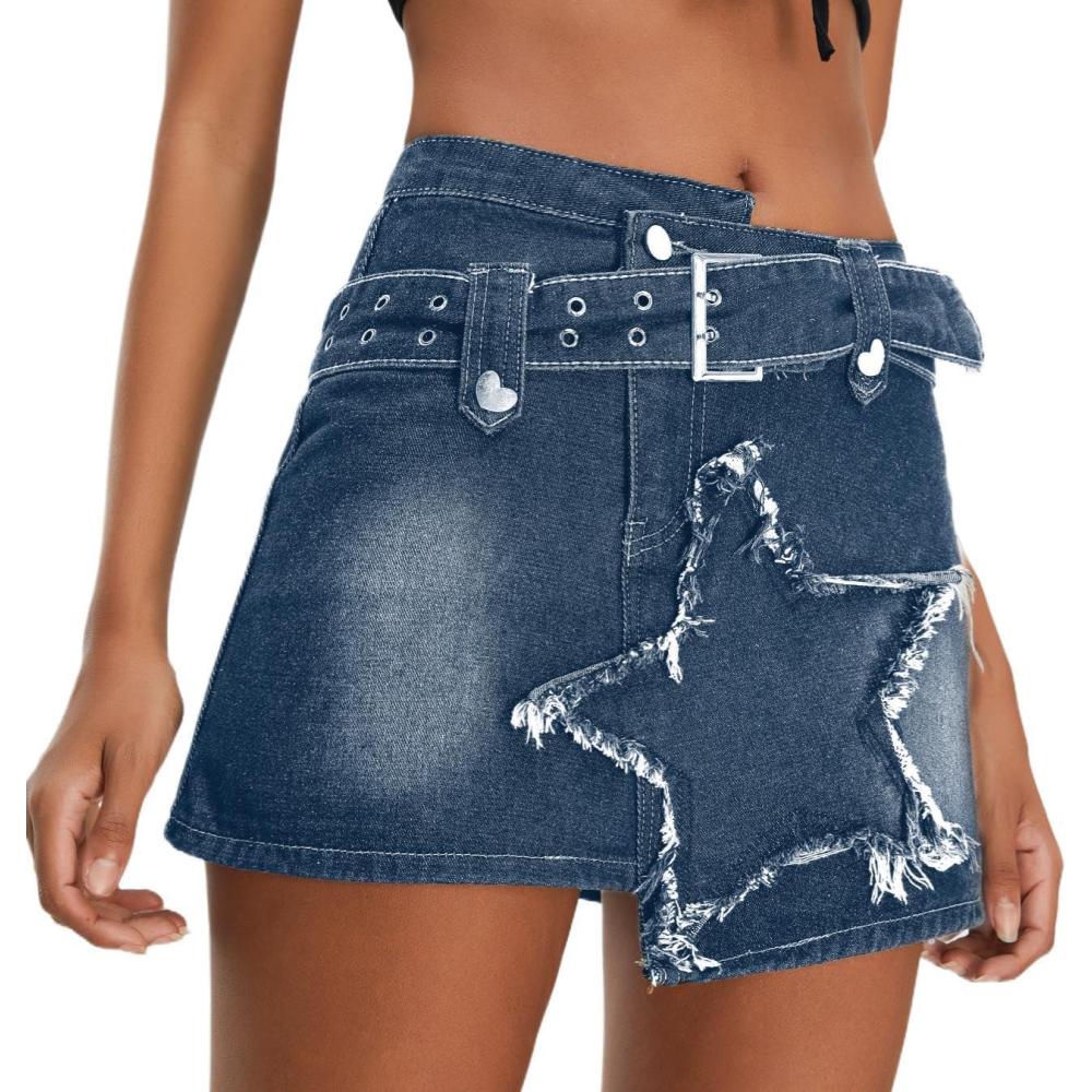 imageWomens Denim Skirt Vintage Star Patchwork Party Club Jean Skirt Casual Y2k Mini Skirt Skorts Skirts for WomenDark Blue