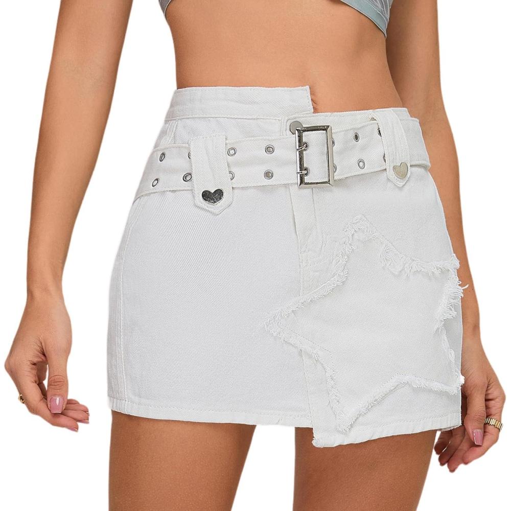 imageWomens Denim Skirt Vintage Star Patchwork Party Club Jean Skirt Casual Y2k Mini Skirt Skorts Skirts for WomenWhite