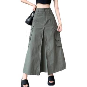 imageCargo Long Skirts for Women Trendy  High Waisted Vintage Aline Knee Length Midi Skirt with Flap PocketsArmy Green