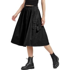 imageCargo Maxi Skirt Womens Casual High Elastic Waist Pleated ALine Midi Skirt with Pocket for Work ampamp DailyBlack