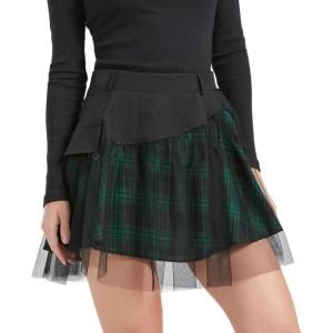 imageGothic Skirt Womens Goth Plaid Skirt Black Mini Tulle Mesh Kilts Cute Elastic High Waist A Line SkirtGreen