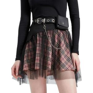 imageGothic Skirt Womens Goth Plaid Skirt Black Mini Tulle Mesh Kilts Cute Elastic High Waist A Line SkirtPink