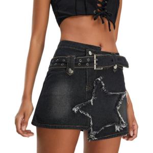 imageWomens Denim Skirt Vintage Star Patchwork Party Club Jean Skirt Casual Y2k Mini Skirt Skorts Skirts for WomenBlack
