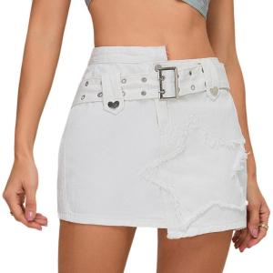 imageWomens Denim Skirt Vintage Star Patchwork Party Club Jean Skirt Casual Y2k Mini Skirt Skorts Skirts for WomenWhite