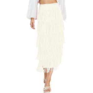 imageWomens Fringe Trim High Waist Short Pencil Bodycon Skirts Sexy Elegant Fringe Long Maxi Skirt Summer Party WorkBeige