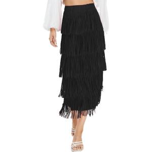 imageWomens Fringe Trim High Waist Short Pencil Bodycon Skirts Sexy Elegant Fringe Long Maxi Skirt Summer Party WorkBlack