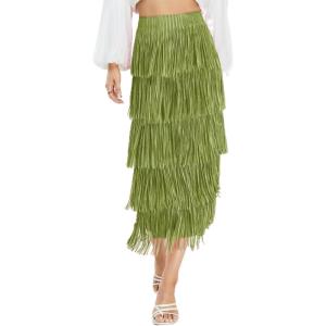 imageWomens Fringe Trim High Waist Short Pencil Bodycon Skirts Sexy Elegant Fringe Long Maxi Skirt Summer Party WorkGrass Green
