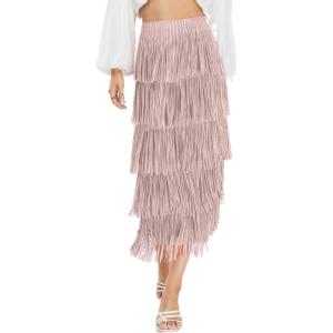 imageWomens Fringe Trim High Waist Short Pencil Bodycon Skirts Sexy Elegant Fringe Long Maxi Skirt Summer Party WorkPink