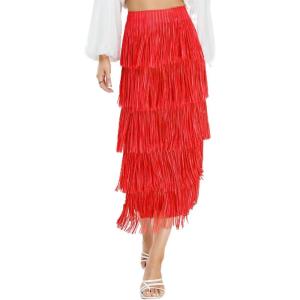 imageWomens Fringe Trim High Waist Short Pencil Bodycon Skirts Sexy Elegant Fringe Long Maxi Skirt Summer Party WorkRed