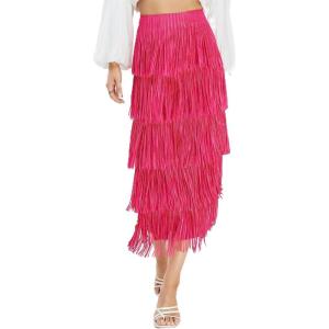 imageWomens Fringe Trim High Waist Short Pencil Bodycon Skirts Sexy Elegant Fringe Long Maxi Skirt Summer Party WorkRose Red