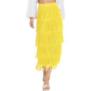 imageWomens Fringe Trim High Waist Short Pencil Bodycon Skirts Sexy Elegant Fringe Long Maxi Skirt Summer Party WorkYellow