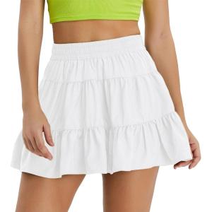 imageWomens Summer High Waist Ruffle Skirt ALine Casual Print Pleated Swing Beach Skater Flared Mini Skirt with ShortsMiniwhite