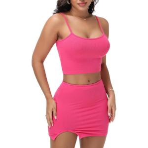 imageY2K Womens Sexy 2 Piece Skirt Set Crop Top ampamp Bandeau Mini Dress Summer Bodycon Outfit for Club Vacation BeachHot Pink