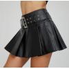 imageY2K Mini Skirt Buckle Belted High Waisted Pleated Flare PU Faux Leather Short Goth Skirts for WomenA Black