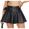 imageY2K Mini Skirt Buckle Belted High Waisted Pleated Flare PU Faux Leather Short Goth Skirts for WomenA Black