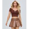 imageY2K Mini Skirt Buckle Belted High Waisted Pleated Flare PU Faux Leather Short Goth Skirts for WomenA Brown