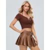 imageY2K Mini Skirt Buckle Belted High Waisted Pleated Flare PU Faux Leather Short Goth Skirts for WomenA Brown