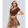 imageY2K Mini Skirt Buckle Belted High Waisted Pleated Flare PU Faux Leather Short Goth Skirts for WomenA Brown