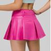 imageY2K Mini Skirt Buckle Belted High Waisted Pleated Flare PU Faux Leather Short Goth Skirts for WomenA Hot Pink