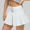imageY2K Mini Skirt Buckle Belted High Waisted Pleated Flare PU Faux Leather Short Goth Skirts for WomenA White