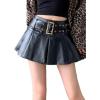imageY2K Mini Skirt Buckle Belted High Waisted Pleated Flare PU Faux Leather Short Goth Skirts for WomenA Black