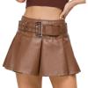imageY2K Mini Skirt Buckle Belted High Waisted Pleated Flare PU Faux Leather Short Goth Skirts for WomenA Brown