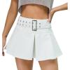 imageY2K Mini Skirt Buckle Belted High Waisted Pleated Flare PU Faux Leather Short Goth Skirts for WomenA White