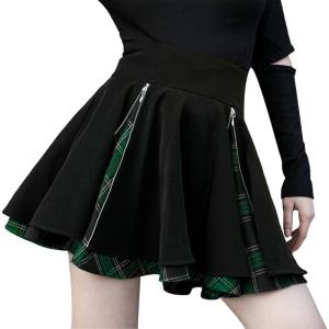 imageGothic Skirts Cute High Elastic Waisted Plaid Kilts for Women Trendy Hem Flared Knee Length Mini Skater SkirtA Green Plaid