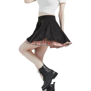 imageGothic Skirts Cute High Elastic Waisted Plaid Kilts for Women Trendy Hem Flared Knee Length Mini Skater SkirtA Pink Plaid