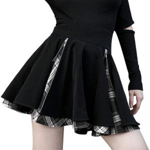 imageGothic Skirts Cute High Elastic Waisted Plaid Kilts for Women Trendy Hem Flared Knee Length Mini Skater SkirtA White Plaid
