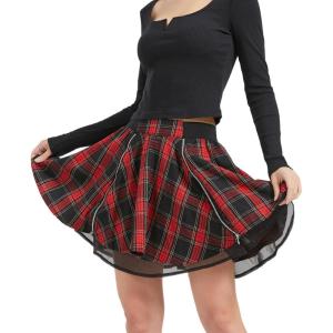 imageGothic Skirts Cute High Elastic Waisted Plaid Kilts for Women Trendy Hem Flared Knee Length Mini Skater SkirtB Red Plaid