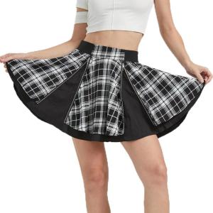 imageGothic Skirts Cute High Elastic Waisted Plaid Kilts for Women Trendy Hem Flared Knee Length Mini Skater SkirtBlack 1