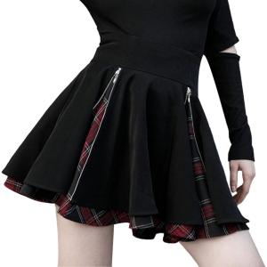 imageGothic Skirts Cute High Elastic Waisted Plaid Kilts for Women Trendy Hem Flared Knee Length Mini Skater SkirtBlack