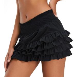 imageWomens Y2K Goth Skirt Low Waist Layered Ruffle Hem Short Mini Skirt Summer Cute Swing Skirt Lining ShortsBlack