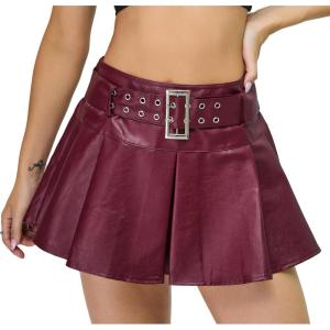 imageY2K Mini Skirt Buckle Belted High Waisted Pleated Flare PU Faux Leather Short Goth Skirts for WomenA Ankela Red
