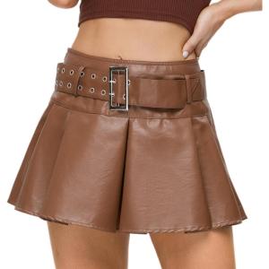 imageY2K Mini Skirt Buckle Belted High Waisted Pleated Flare PU Faux Leather Short Goth Skirts for WomenA Brown