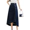 imageWomens Casual High Waisted Solid Button Up Asymmetrical Split Front Denim Jean ALine SkirtBlue