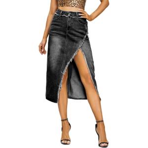 imageDenim Midi Skirt for Women  High Waisted Split Front Raw Slimming Aline Fit with Hugged HIPSBlack