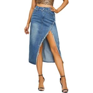 imageDenim Midi Skirt for Women  High Waisted Split Front Raw Slimming Aline Fit with Hugged HIPSBlue
