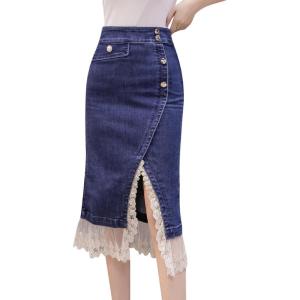 imageWomens Split Denim Skirt with Lace Stitching at HemBlue