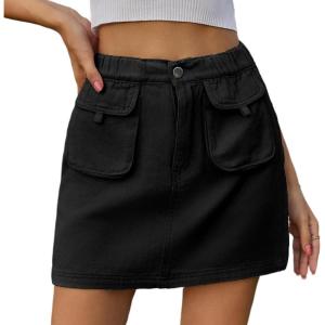 imageWomen Denim Skirt Y2K Mini Cargo Skirt with Pockets Low Waist Button Bodycon Jean SkirtBlack